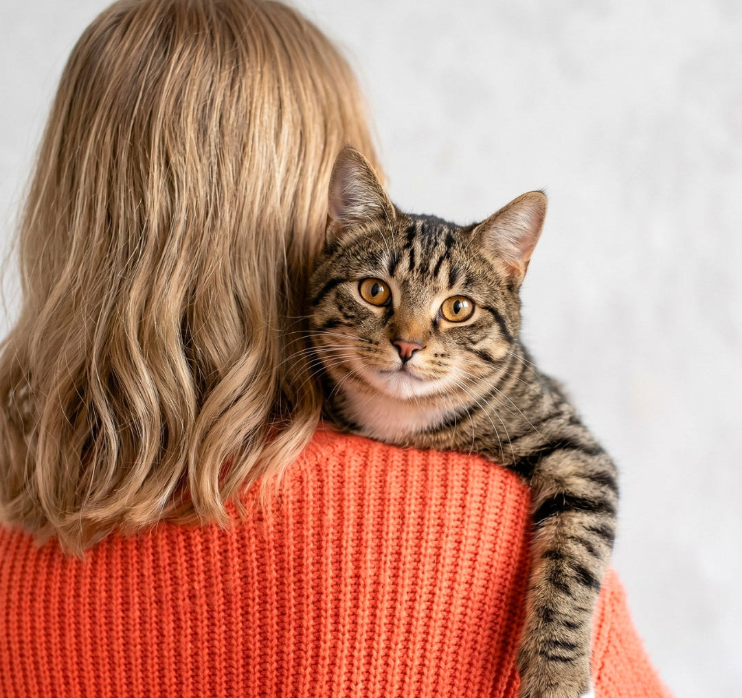 Person wearing an orange sweater with a tabby cat on their shoulder against a light background