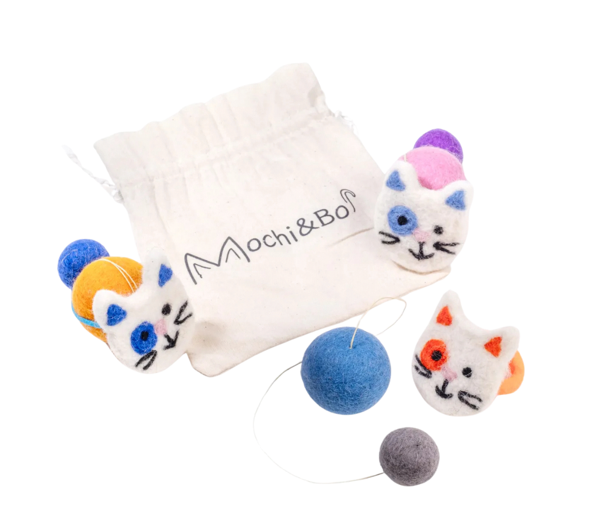 Cat toys with colorful design and 'Mochi & Ball' branding on a white background