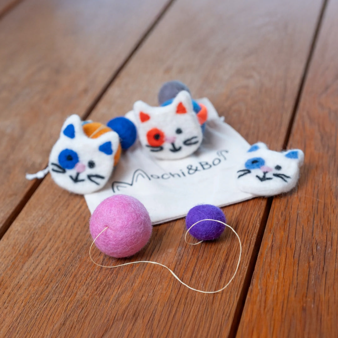 Katzenspielzeug mit bunten Bällen und Katzengesichtern auf einer Holzunterlage
