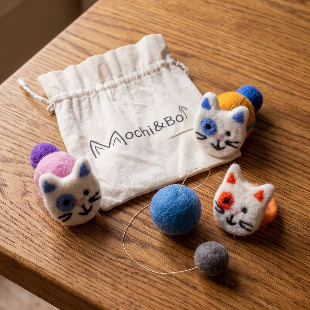 Katzenförmiges Spielzeug mit bunten Bällen auf einer Holzunterlage, mit dem Markenzeichen „Aechi & Bot“.